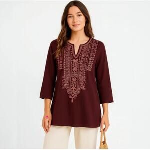Pure Jill Women 100% Cotton Embroidered Gauzy Boho Sheer Tunic Blouse Top Sz L